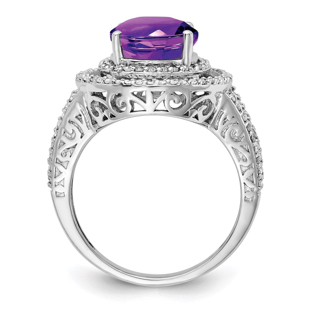 Sterlingsilber Rhodiniert Oval Amethyst & Diamant Ring (size 7 Nur)