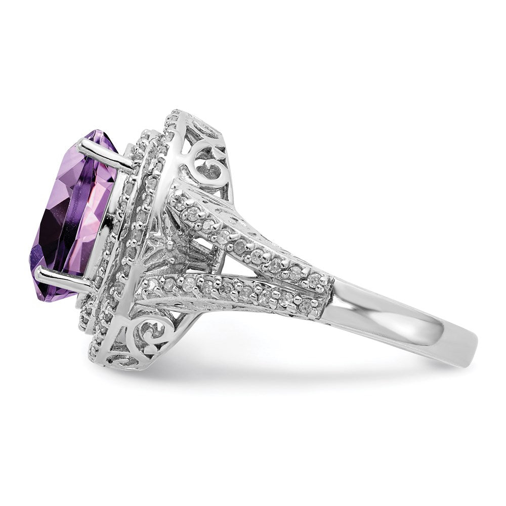 Sterlingsilber Rhodiniert Oval Amethyst & Diamant Ring (size 7 Nur)