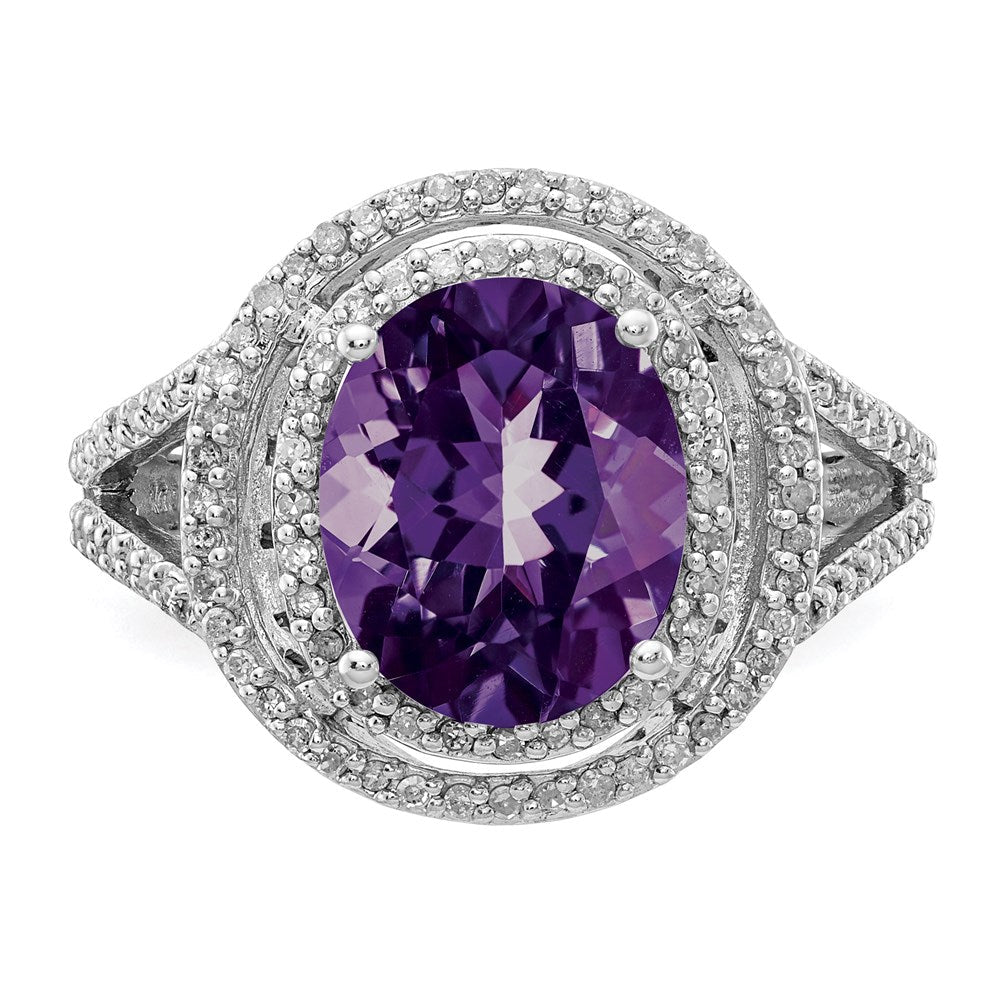 Sterlingsilber Rhodiniert Oval Amethyst & Diamant Ring (size 7 Nur)