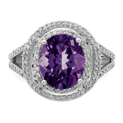 Sterlingsilber Rhodiniert Oval Amethyst & Diamant Ring (size 7 Nur)