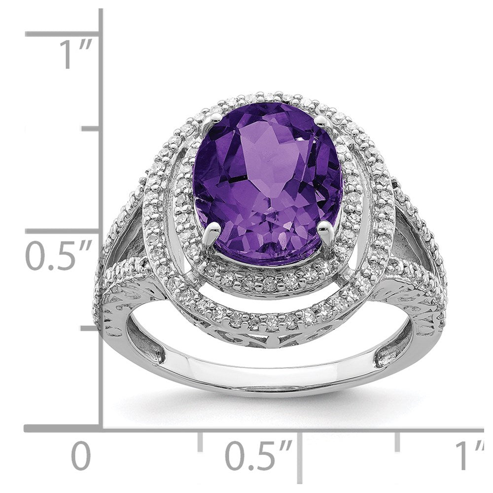 Sterlingsilber Rhodiniert Oval Amethyst & Diamant Ring (size 7 Nur)