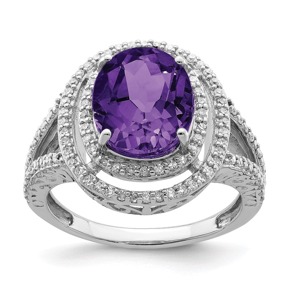 Sterlingsilber Rhodiniert Oval Amethyst & Diamant Ring (size 7 Nur)