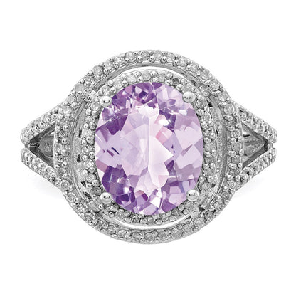 Sterlingsilber Rhodium Oval Diamant & Rosa Quarz Ring (size 7 Nur)