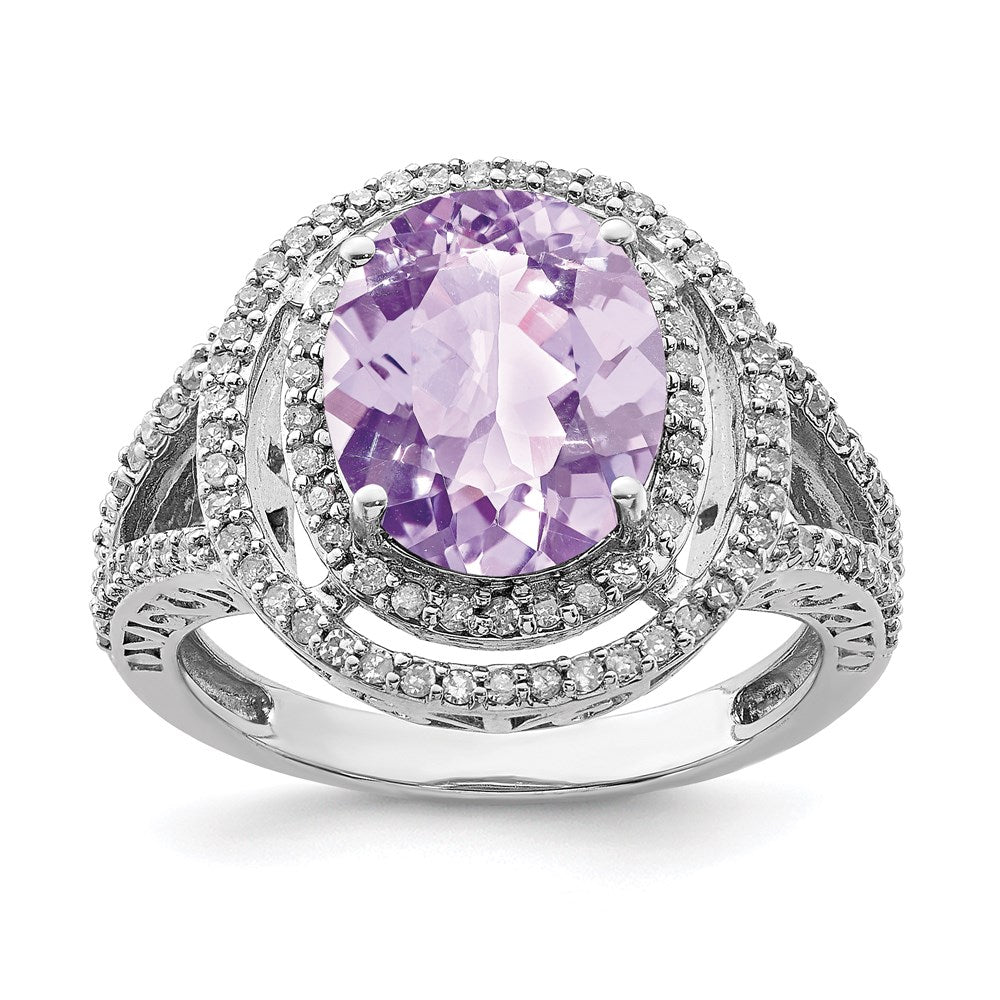 Sterlingsilber Rhodium Oval Diamant & Rosa Quarz Ring (size 7 Nur)
