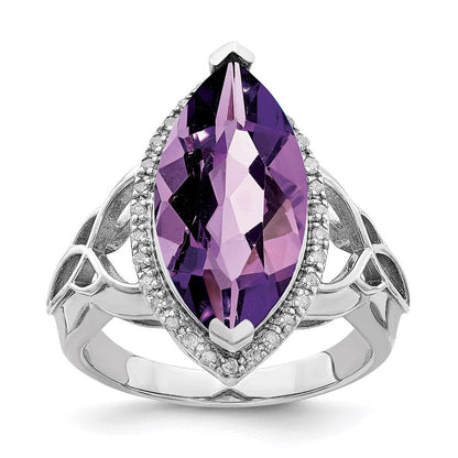Sterlingsilber Rhodiniert Amethyst & Diamant Ring (size 7 Nur)