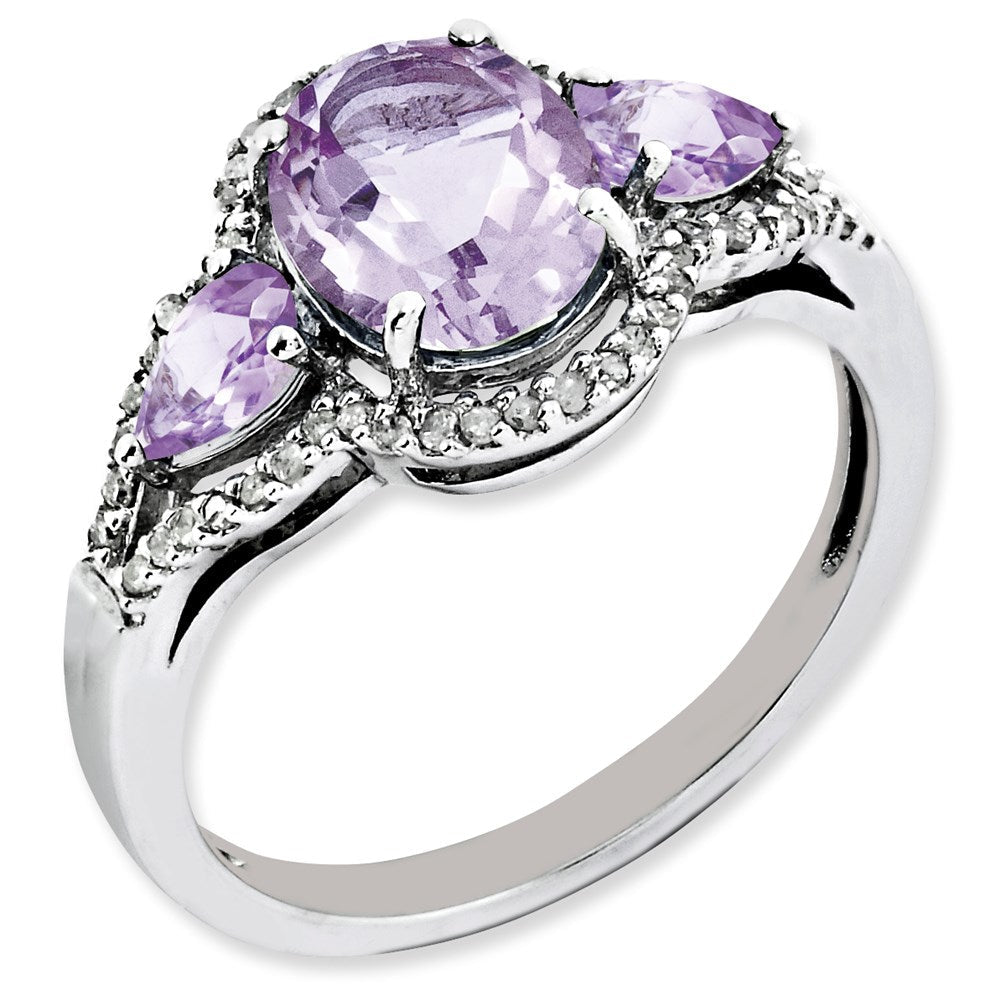 Sterlingsilber Rhodiniert Oval Diamant & Rosa Quarz Ring (size 7 Nur)