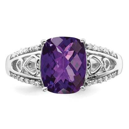 Sterlingsilber Rhodiniert Amethyst & Diamant Ring (size 7 Nur)