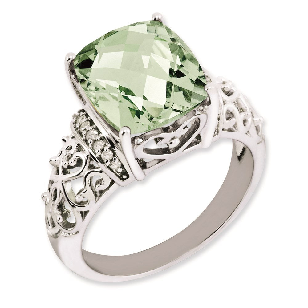 Sterlingsilber Rhodiniert Diamant & Karo Schliff Grün Quarz Ring (size 7 Nur)