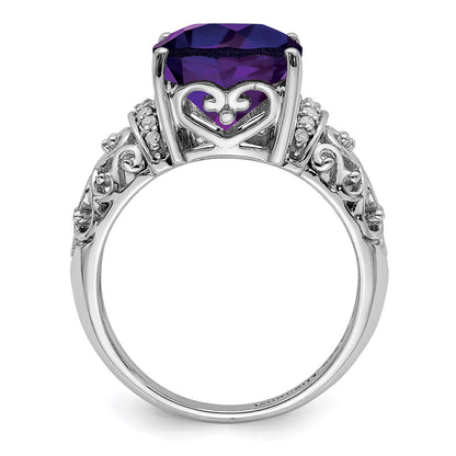 Sterlingsilber Rhodiniert Karo Schliff Amethyst & Diamant Ring (size 7 Nur)