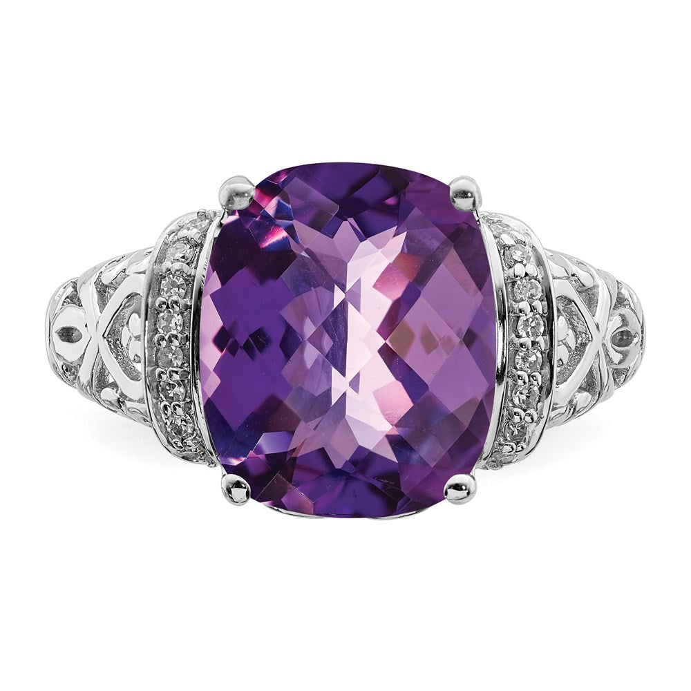 Sterlingsilber Rhodiniert Karo Schliff Amethyst & Diamant Ring (size 7 Nur)