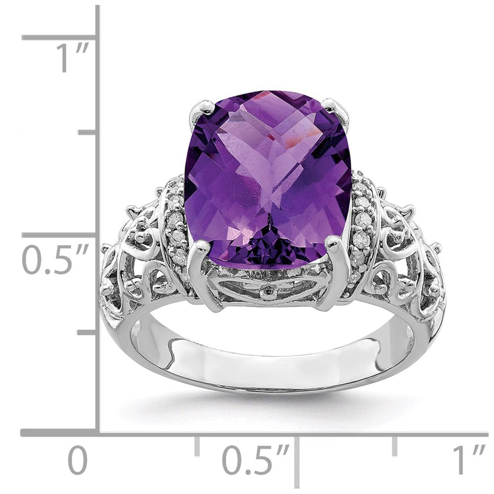 Sterlingsilber Rhodiniert Karo Schliff Amethyst & Diamant Ring (size 7 Nur)