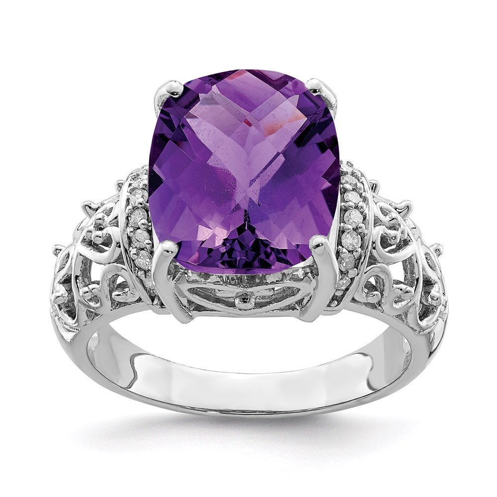 Sterlingsilber Rhodiniert Karo Schliff Amethyst & Diamant Ring (size 7 Nur)