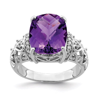 Sterlingsilber Rhodiniert Karo Schliff Amethyst & Diamant Ring (size 7 Nur)
