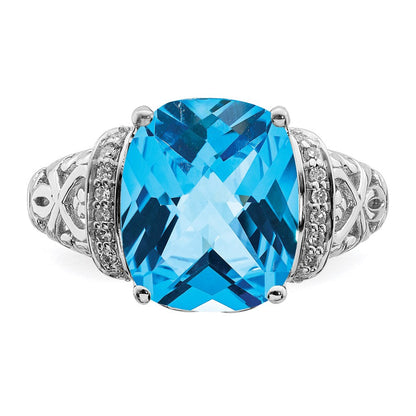 Sterlingsilber Rhodium Karo Schliff Blautopas & Diamant Ring (size 7 Nur)