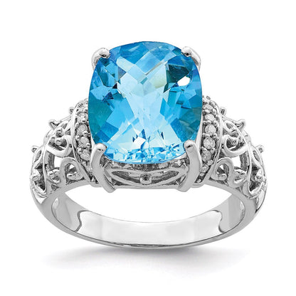 Sterlingsilber Rhodium Karo Schliff Blautopas & Diamant Ring (size 7 Nur)
