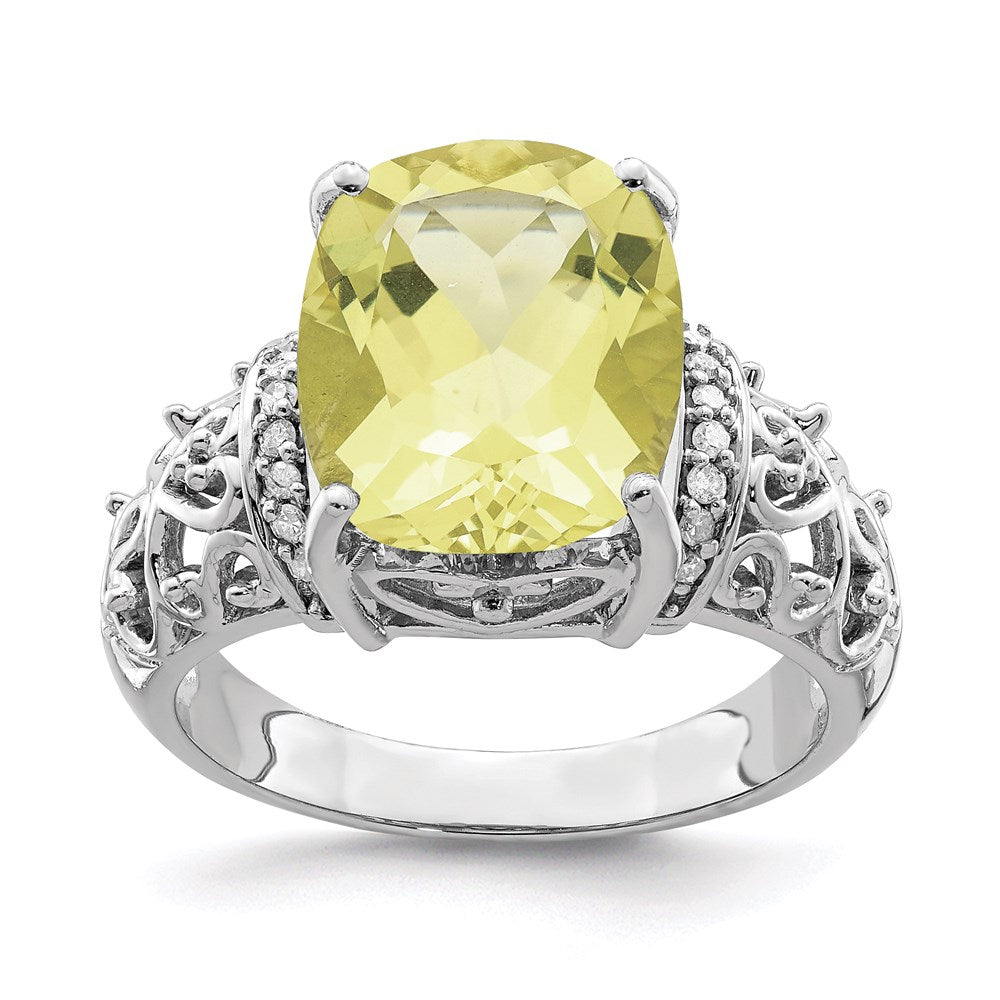 Sterlingsilber Rhodium Diamant & Karo Schliff Zitrone Quarz Ring (size 7 Nur)
