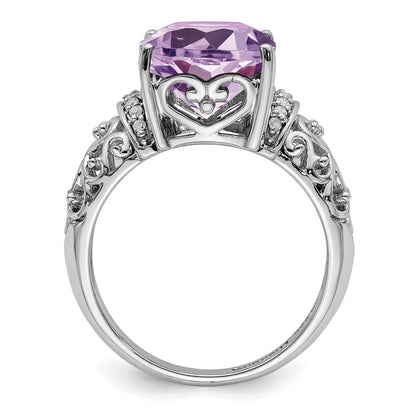 Sterlingsilber Rhodium Diamant & Karo Schliff Rosa Quarz Ring (size 7 Nur)