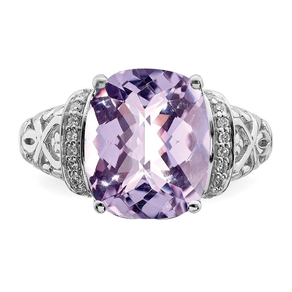 Sterlingsilber Rhodium Diamant & Karo Schliff Rosa Quarz Ring (size 7 Nur)