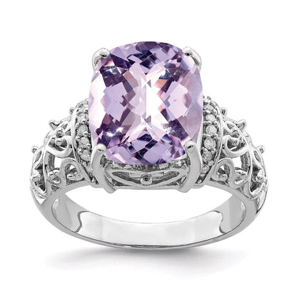 Sterlingsilber Rhodium Diamant & Karo Schliff Rosa Quarz Ring (size 7 Nur)