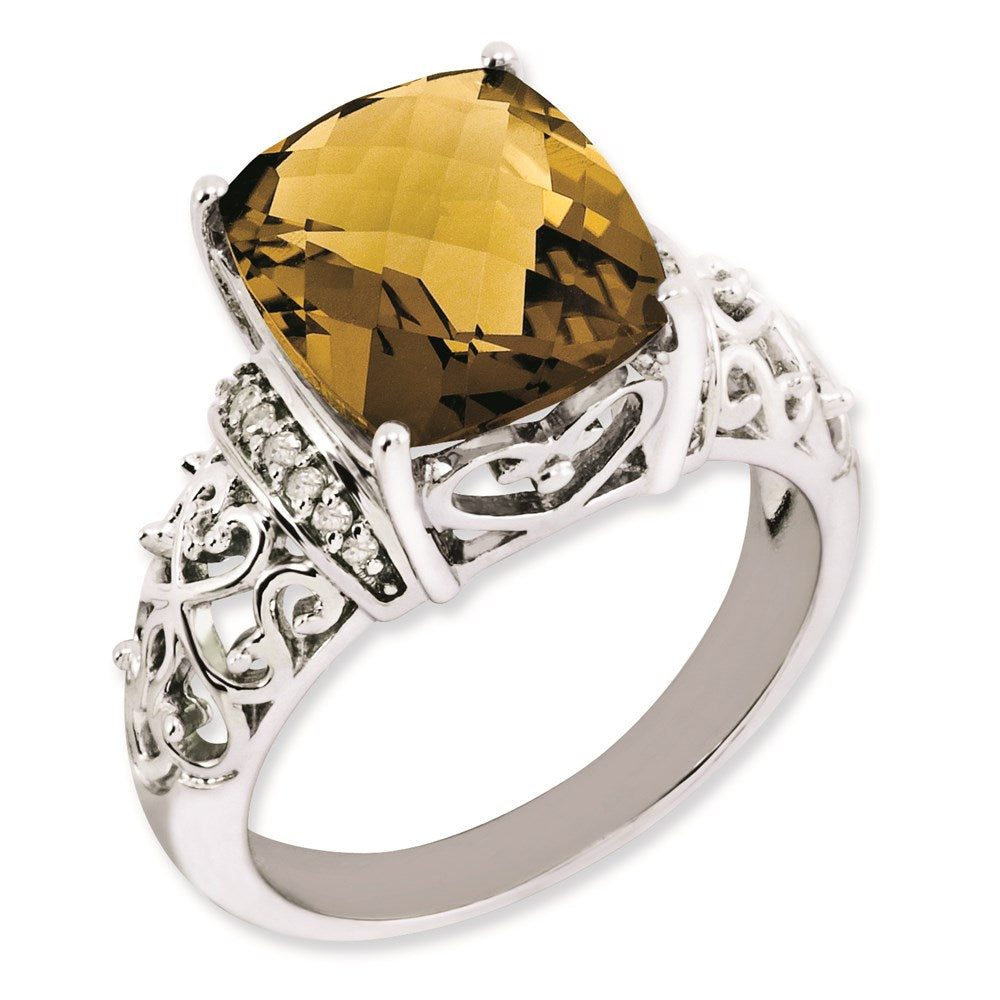 Sterlingsilber Rhodiniert Diamant & Karo Schliff Whiskey Quarz Ring (size 7 Nur)