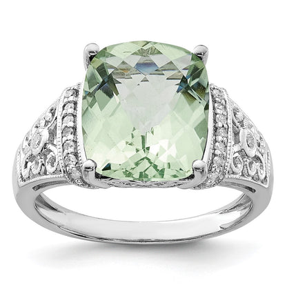 Sterlingsilber Rhodium Diamant & Karo Schliff Grün Quarz Ring