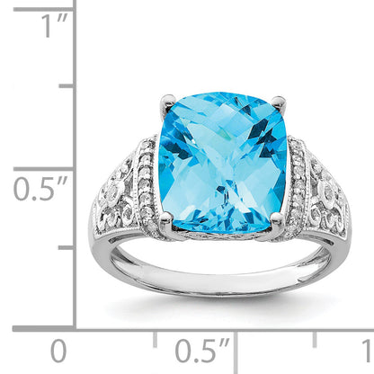 Sterlingsilber Rhodium Karo Schliff Blautopas & Diamant Ring