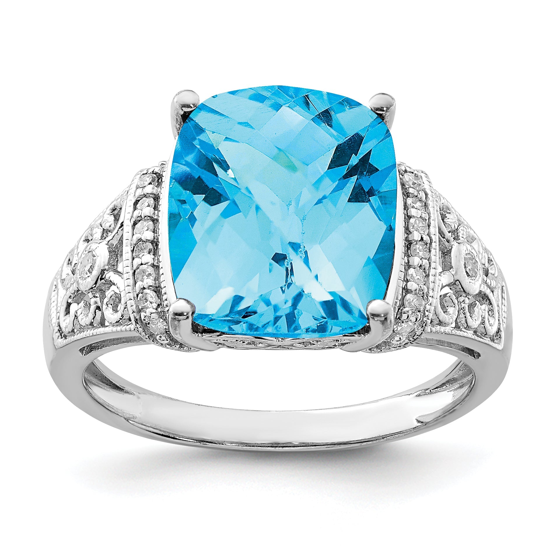 Sterlingsilber Rhodium Karo Schliff Blautopas & Diamant Ring