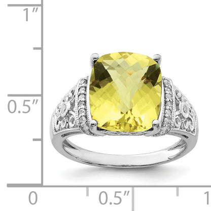 Sterlingsilber Rhodium Diamant & Karo Schliff Zitrone Quarz Ring