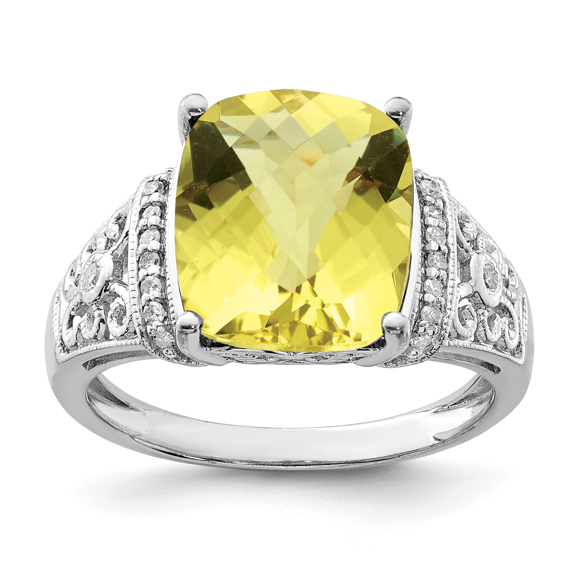Sterlingsilber Rhodium Diamant & Karo Schliff Zitrone Quarz Ring