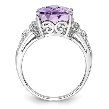 Sterlingsilber Rhodium Diamant & Karo Schliff Rosa Quarz Ring
