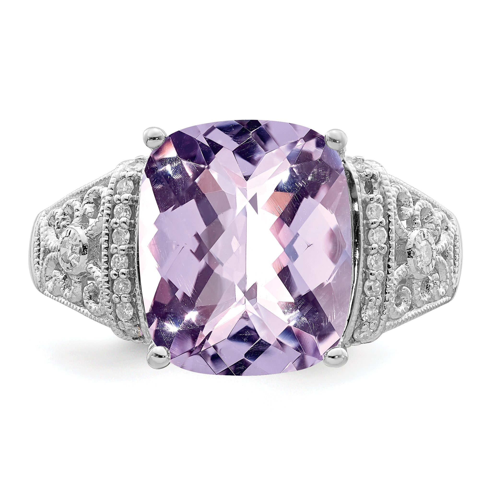 Sterlingsilber Rhodium Diamant & Karo Schliff Rosa Quarz Ring