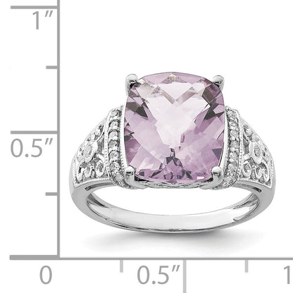 Sterlingsilber Rhodium Diamant & Karo Schliff Rosa Quarz Ring