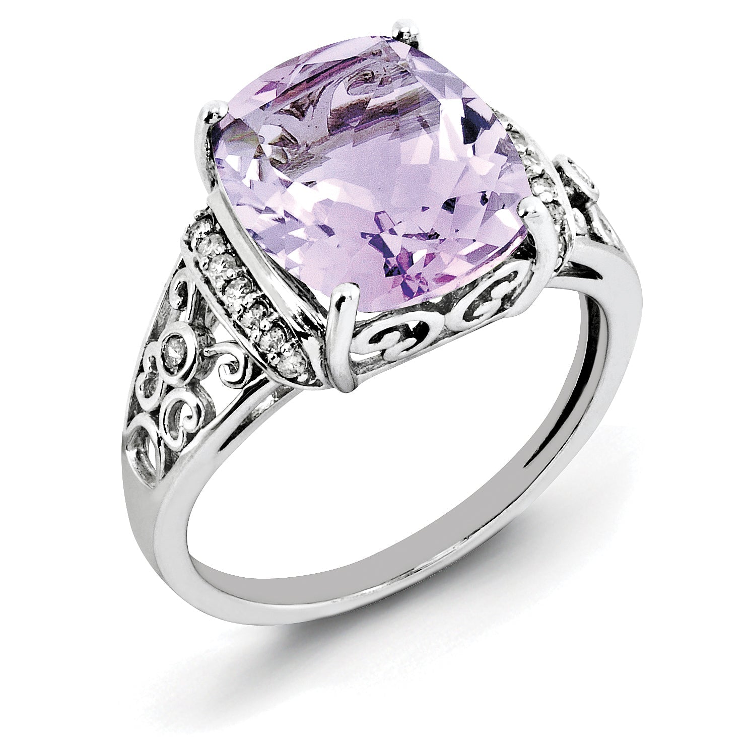 Sterlingsilber Rhodium Diamant & Karo Schliff Rosa Quarz Ring