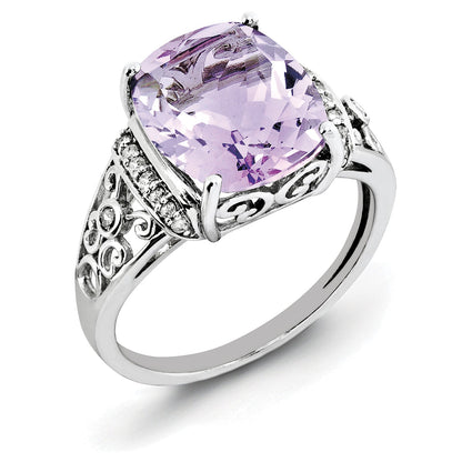 Sterlingsilber Rhodium Diamant & Karo Schliff Rosa Quarz Ring