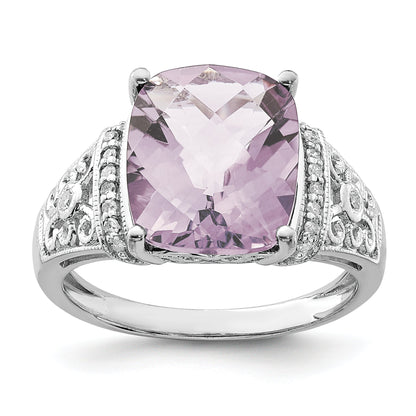 Sterlingsilber Rhodium Diamant & Karo Schliff Rosa Quarz Ring
