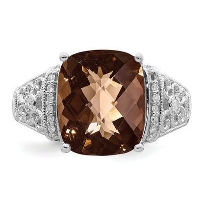 Sterlingsilber Rhodium Diamant & Karo Schliff Rauch Quarz Ring