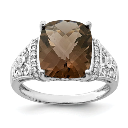 Sterlingsilber Rhodium Diamant & Karo Schliff Rauch Quarz Ring