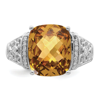 Sterlingsilber Rhodium Diamant & Karo Schliff Whiskey Quarz Ring
