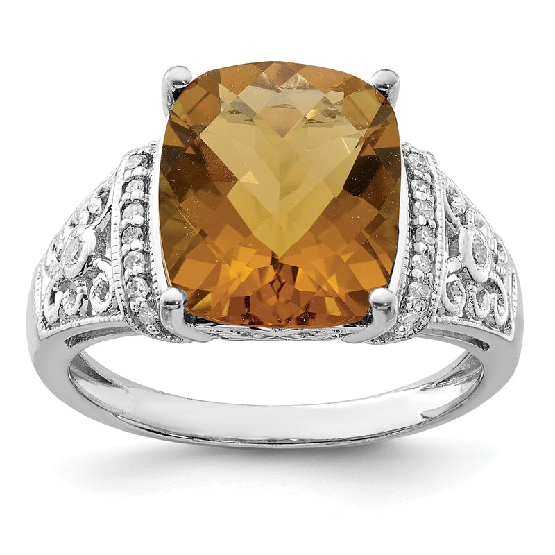 Sterlingsilber Rhodium Diamant & Karo Schliff Whiskey Quarz Ring