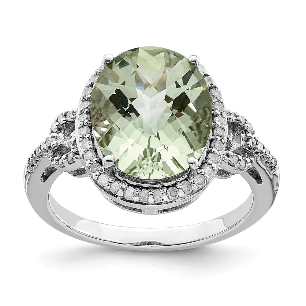 Sterlingsilber Rhodium Oval Diamant & Karo Schliff Grün Quarz Ring (size 7 Nur)