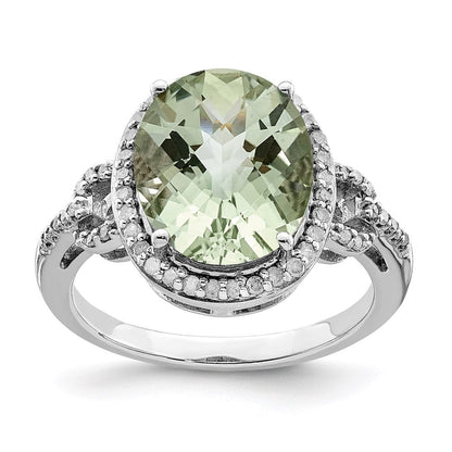Sterlingsilber Rhodium Oval Diamant & Karo Schliff Grün Quarz Ring (size 7 Nur)