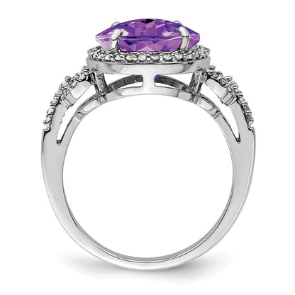 Sterlingsilber Rhodium Oval Karo Schliff Amethyst & Diamant Ring (size 7 Nur)