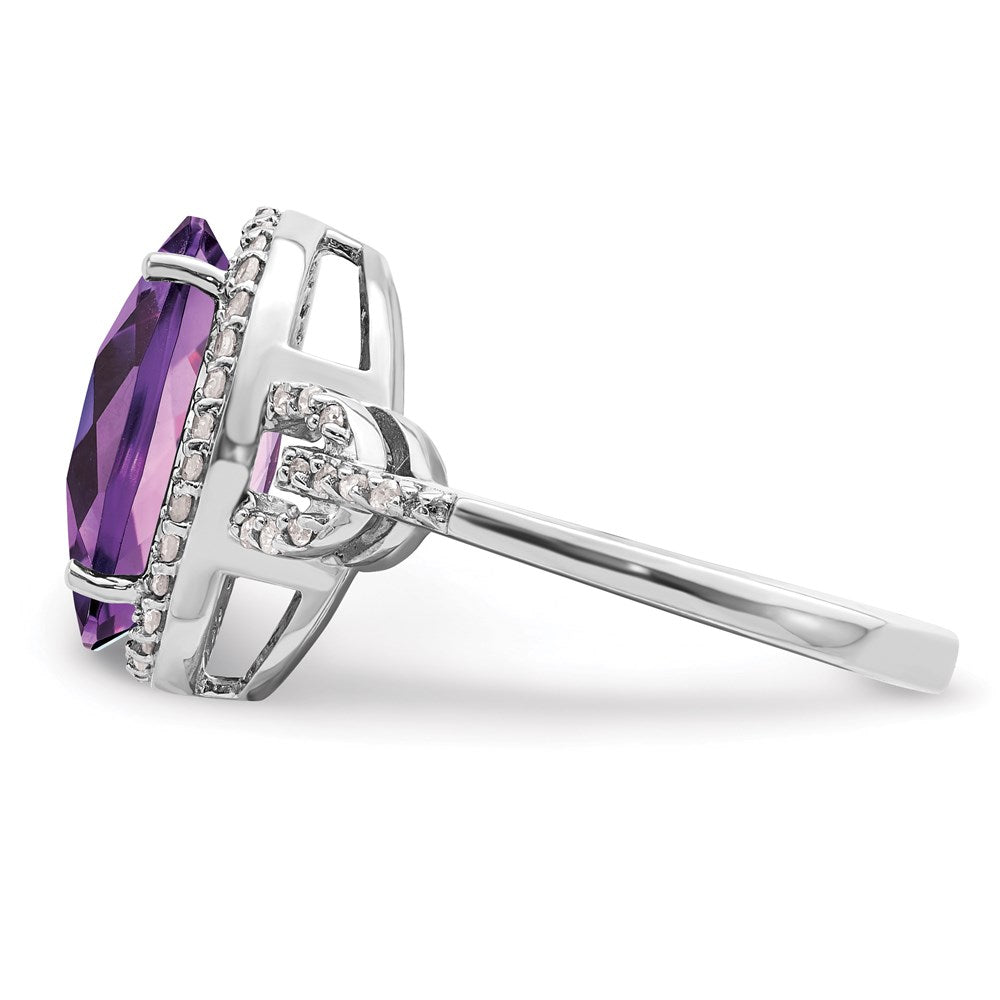 Sterlingsilber Rhodium Oval Karo Schliff Amethyst & Diamant Ring (size 7 Nur)