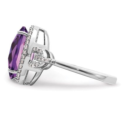 Sterlingsilber Rhodium Oval Karo Schliff Amethyst & Diamant Ring (size 7 Nur)