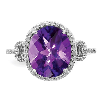 Sterlingsilber Rhodium Oval Karo Schliff Amethyst & Diamant Ring (size 7 Nur)