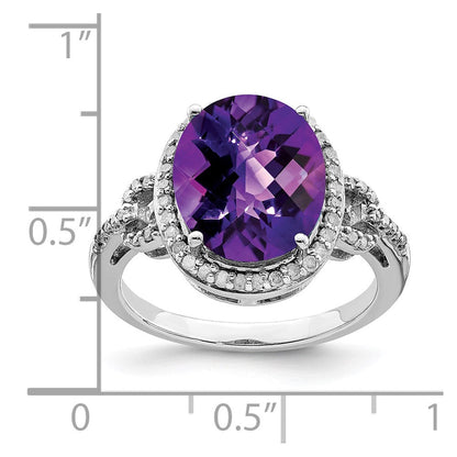 Sterlingsilber Rhodium Oval Karo Schliff Amethyst & Diamant Ring (size 7 Nur)