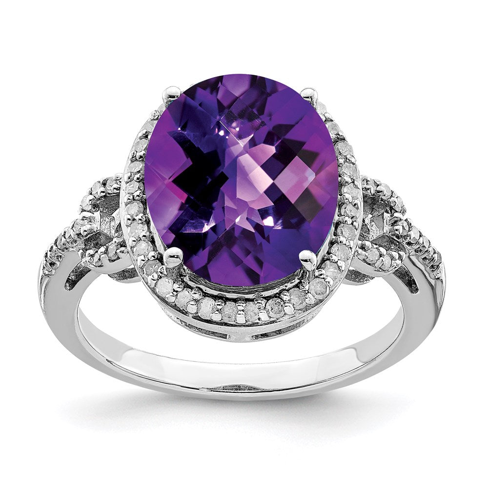 Sterlingsilber Rhodium Oval Karo Schliff Amethyst & Diamant Ring (size 7 Nur)