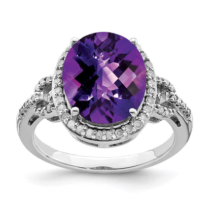 Sterlingsilber Rhodium Oval Karo Schliff Amethyst & Diamant Ring (size 7 Nur)