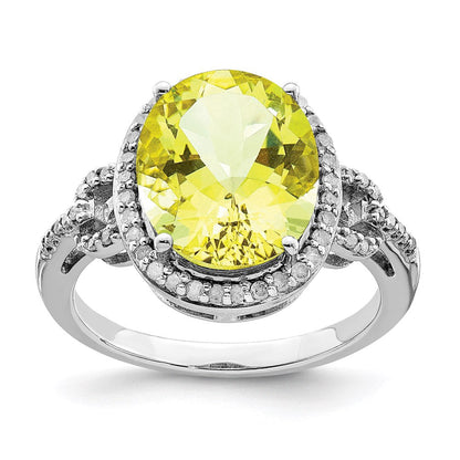 Sterlingsilber Rhodium Oval Diamant & Karo Schliff Zitrone Quarz Ring (size 7 Nur)