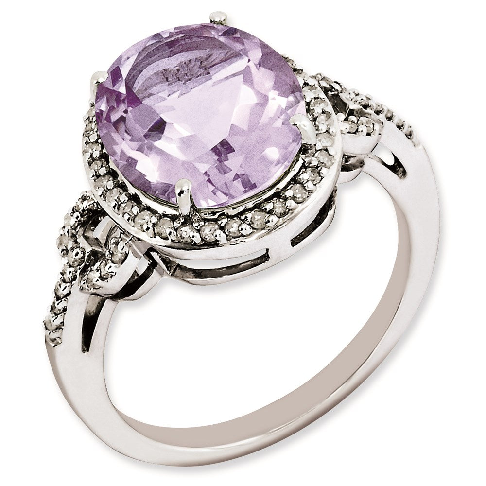 Sterlingsilber Rhodiniert Oval Diamant & Karo Schliff Rosa Quarz Ring (size 7 Nur)